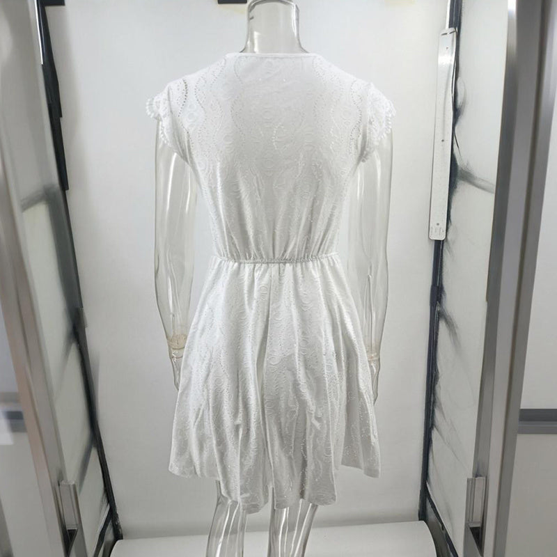 Robe à manches courtes et col en V pour femme, couleur unie, avec bordure en dentelle – Robe d'été sexy pour les vacances
