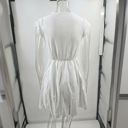 Robe à manches courtes et col en V pour femme, couleur unie, avec bordure en dentelle – Robe d'été sexy pour les vacances