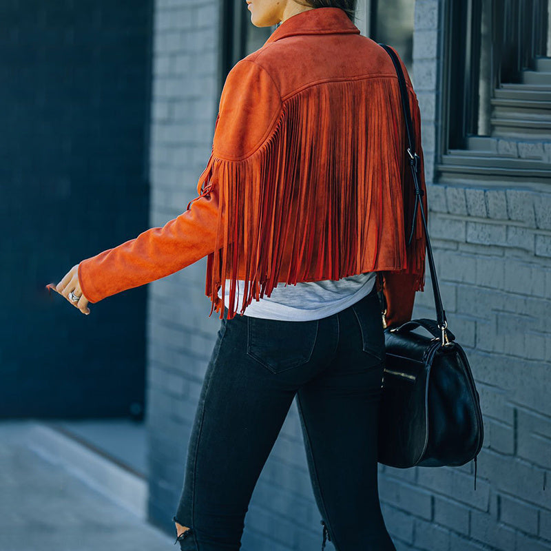 Veste courte décontractée à franges et col cranté pour femme, veste de moto à pompons en faux daim