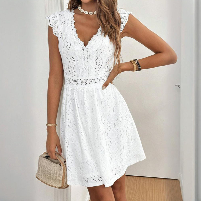 Robe à manches courtes et col en V pour femme, couleur unie, avec bordure en dentelle – Robe d'été sexy pour les vacances