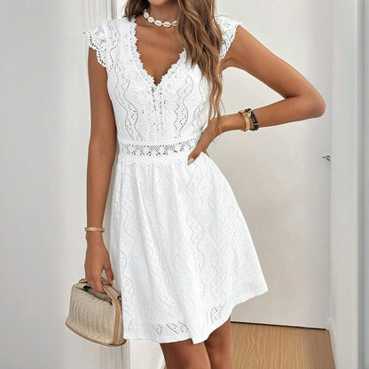 Robe à manches courtes et col en V pour femme, couleur unie, avec bordure en dentelle – Robe d'été sexy pour les vacances