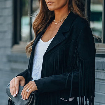 Veste courte décontractée à franges et col cranté pour femme, veste de moto à pompons en faux daim