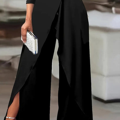 Combinaison élégante à une épaule pour femme avec manches longues et pantalon fendu à la taille plissée, tenue formelle et festive pour le printemps et l'été