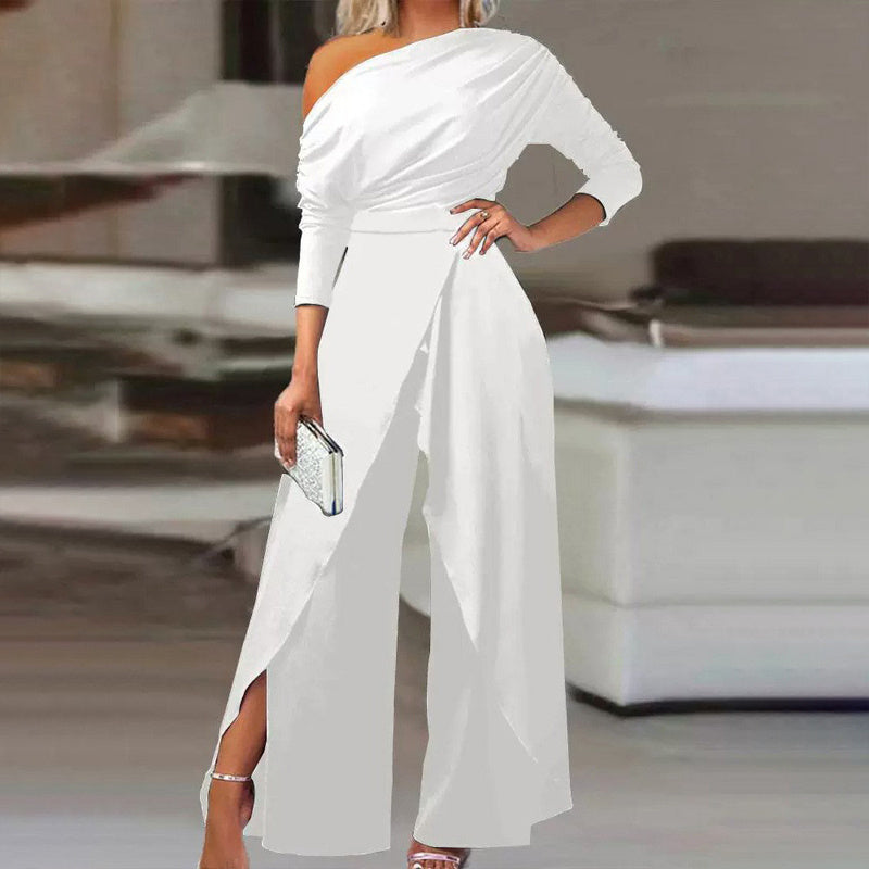 Combinaison élégante à une épaule pour femme avec manches longues et pantalon fendu à la taille plissée, tenue formelle et festive pour le printemps et l'été