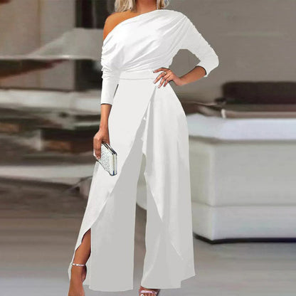 Combinaison élégante à une épaule pour femme avec manches longues et pantalon fendu à la taille plissée, tenue formelle et festive pour le printemps et l'été