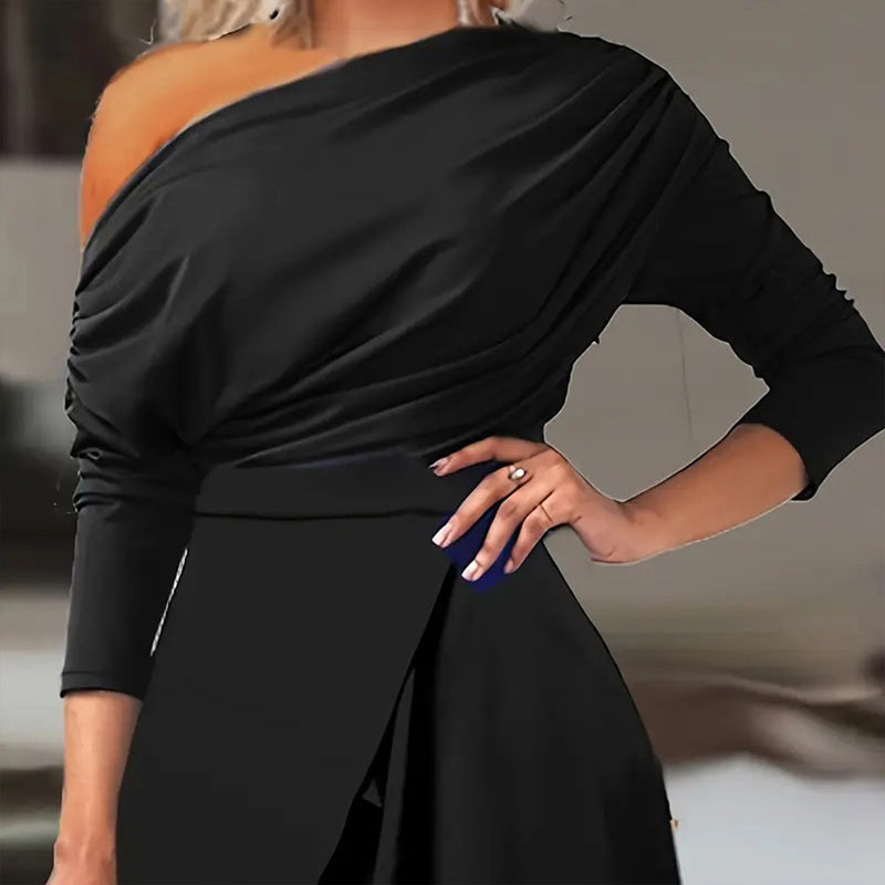 Combinaison élégante à une épaule pour femme avec manches longues et pantalon fendu à la taille plissée, tenue formelle et festive pour le printemps et l'été