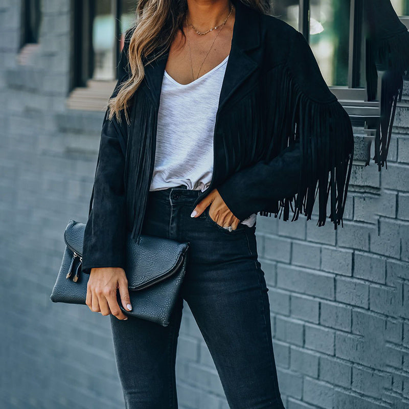 Veste courte décontractée à franges et col cranté pour femme, veste de moto à pompons en faux daim