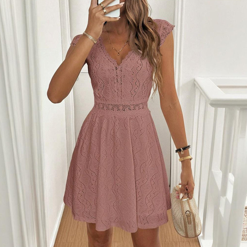 Robe à manches courtes et col en V pour femme, couleur unie, avec bordure en dentelle – Robe d'été sexy pour les vacances