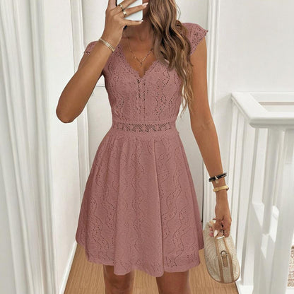 Robe à manches courtes et col en V pour femme, couleur unie, avec bordure en dentelle – Robe d'été sexy pour les vacances