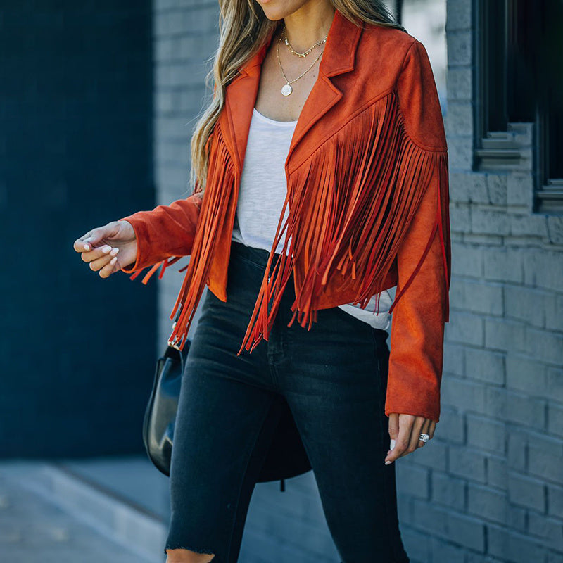 Veste courte décontractée à franges et col cranté pour femme, veste de moto à pompons en faux daim