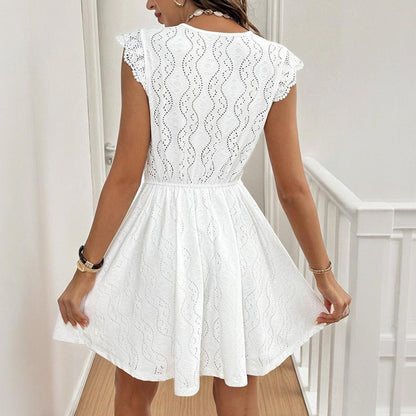 Robe à manches courtes et col en V pour femme, couleur unie, avec bordure en dentelle – Robe d'été sexy pour les vacances
