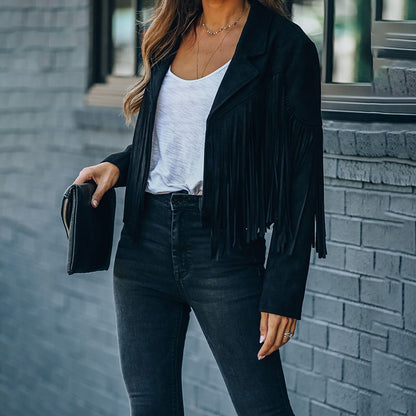Veste courte décontractée à franges et col cranté pour femme, veste de moto à pompons en faux daim