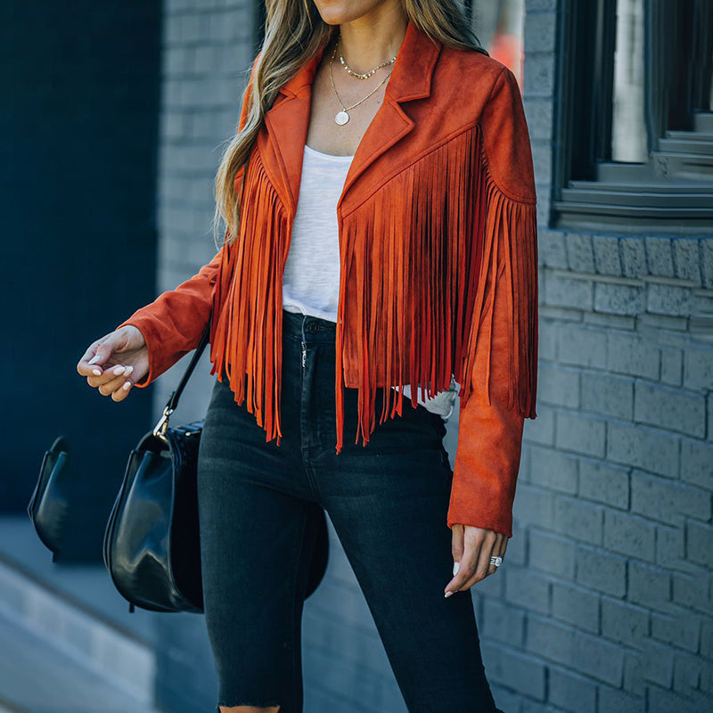 Veste courte décontractée à franges et col cranté pour femme, veste de moto à pompons en faux daim