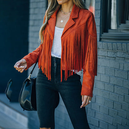 Veste courte décontractée à franges et col cranté pour femme, veste de moto à pompons en faux daim