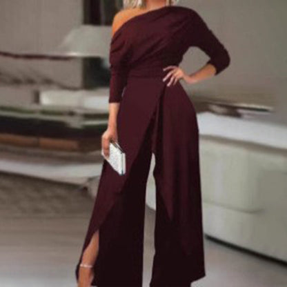 Combinaison élégante à une épaule pour femme avec manches longues et pantalon fendu à la taille plissée, tenue formelle et festive pour le printemps et l'été
