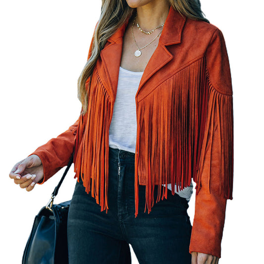 Veste courte décontractée à franges et col cranté pour femme, veste de moto à pompons en faux daim
