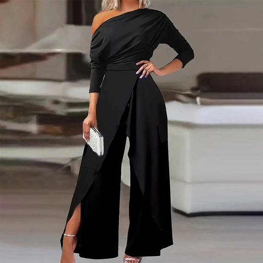 Combinaison élégante à une épaule pour femme avec manches longues et pantalon fendu à la taille plissée, tenue formelle et festive pour le printemps et l'été