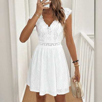Robe à manches courtes et col en V pour femme, couleur unie, avec bordure en dentelle – Robe d'été sexy pour les vacances