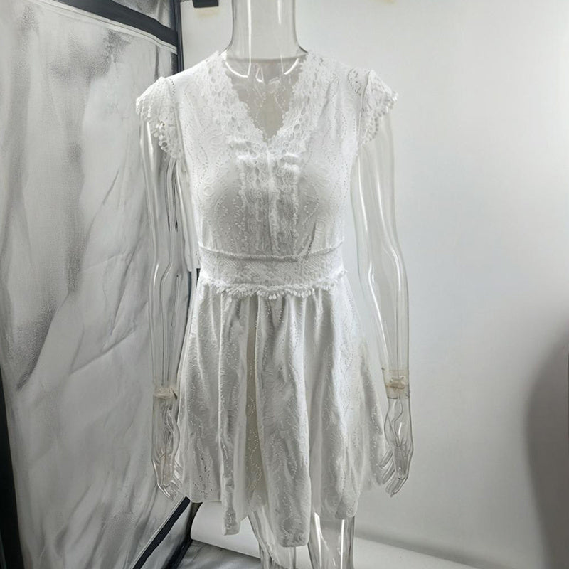 Robe à manches courtes et col en V pour femme, couleur unie, avec bordure en dentelle – Robe d'été sexy pour les vacances