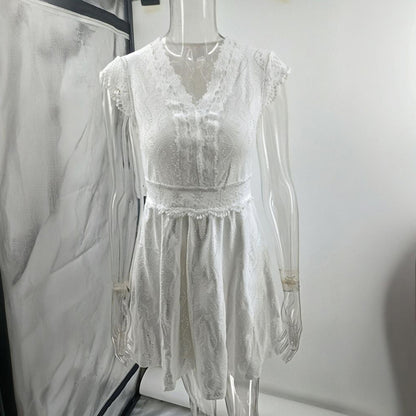 Robe à manches courtes et col en V pour femme, couleur unie, avec bordure en dentelle – Robe d'été sexy pour les vacances