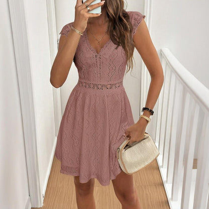Robe à manches courtes et col en V pour femme, couleur unie, avec bordure en dentelle – Robe d'été sexy pour les vacances